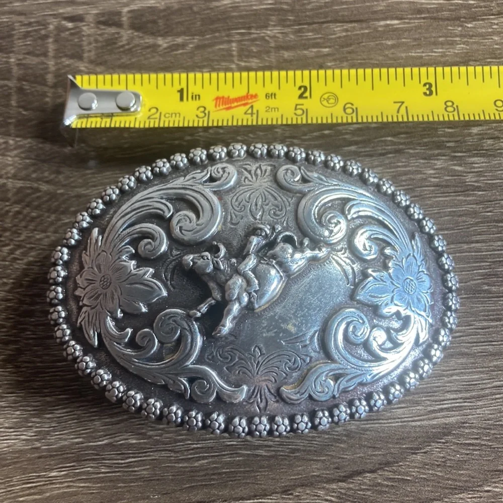 Youth Vintage Nocona BULL RIDER OVAL SILVER BELT BUCKLE